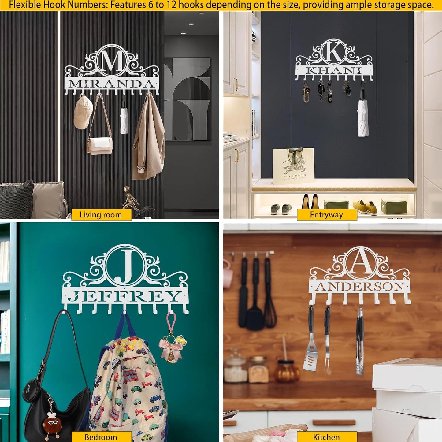 10" Custom Metal Key Rack Hooks, Personalized Key Holder for Wall,Name Background Letter Theme Wall Decoration Key Hooks, Key Hanger Organizer for Living Room, Entryway, Bathroom, Kitchen Decor