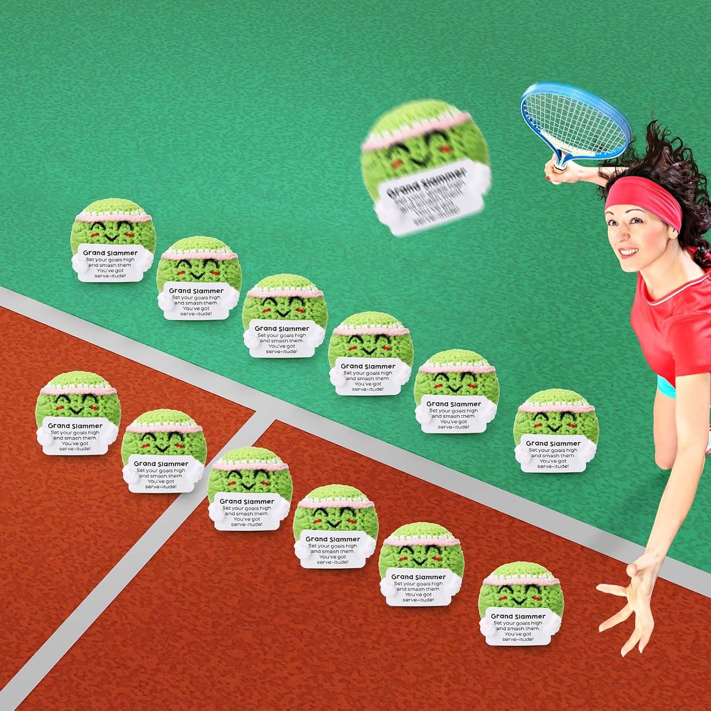 12pcs Funny Tennis Gifts for Team Bulk Tennis Balls with Motivational Cards Positive Handmade Mini Crochet Team Gift for Coach Women Men Coworker Birthday Christmas Party Favors