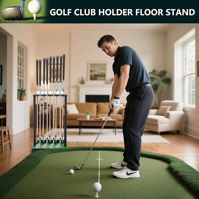 Golf Putter Stand for 9 Clubs & 7 Balls, Solid Wood Golf Club Rack, Golf Club - Image 2
