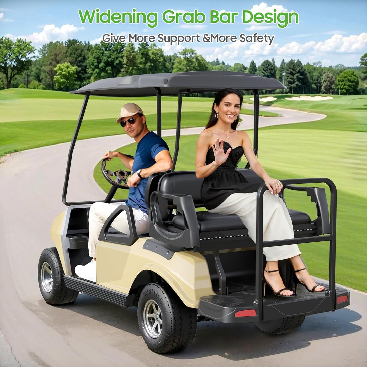 10L0L Golf Cart Rear Flip Seat Kit for Club Car DS Gas & Electric, Deluxe Flip Folding Back Seat Kit with Widened Grab Bar, Black Leather Cushions, Cargo Net