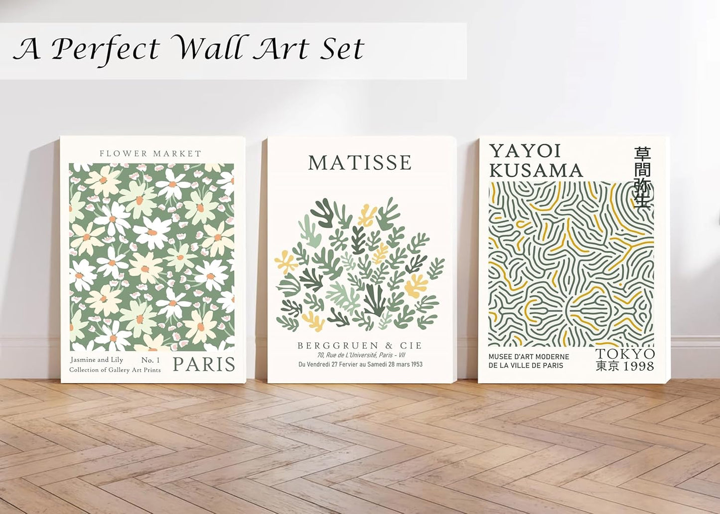 Induslyfe Large Framed Green Wall Art Canvas Decor Set of 3, Matisse Wall Art Framed Prints Posters Mid Century Modern Art, Aesthetic Floral Botanical wall art for bedroom, living room bathroom 18x24
