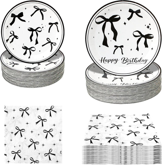 180Pcs Black Bow Birthday Party Supplies Paper Plates and Napkins Serve 60 Disposable Tableware Set for Birthday Party Decorations Game Day Family School Holiday Sports Events