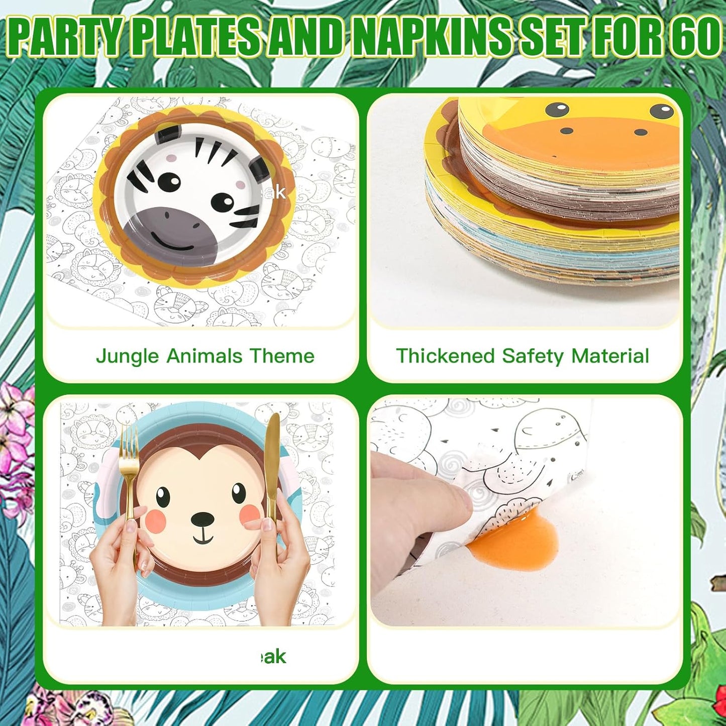180Pcs Jungle Wild Animal Paper Plates Party Supplies Zoo Animal Paper Plates and Napkins Serve 60 Disposable Tableware Set for Birthday Party Decorations Game Day Family School Holiday Sports Events