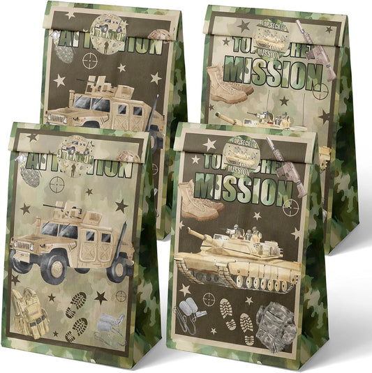 Army Party Favor Bags – 24 Pcs Camouflage Gift Bags with 4 Designs, Military Party Supplies for Kids Birthday Decorations and Tough Mission Theme Goodie Bags