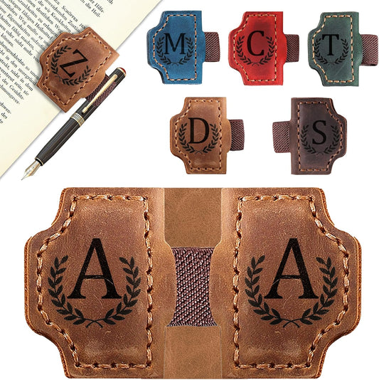 Bygone Mark Bookmark with Pen Holder, 26 Letters Name Initial Personalized Magnetic Bookmarks, Leather Book Mark for Men Women, Travelers Accessories, Teachers Readers Book Lovers Gifts (Brown, A)