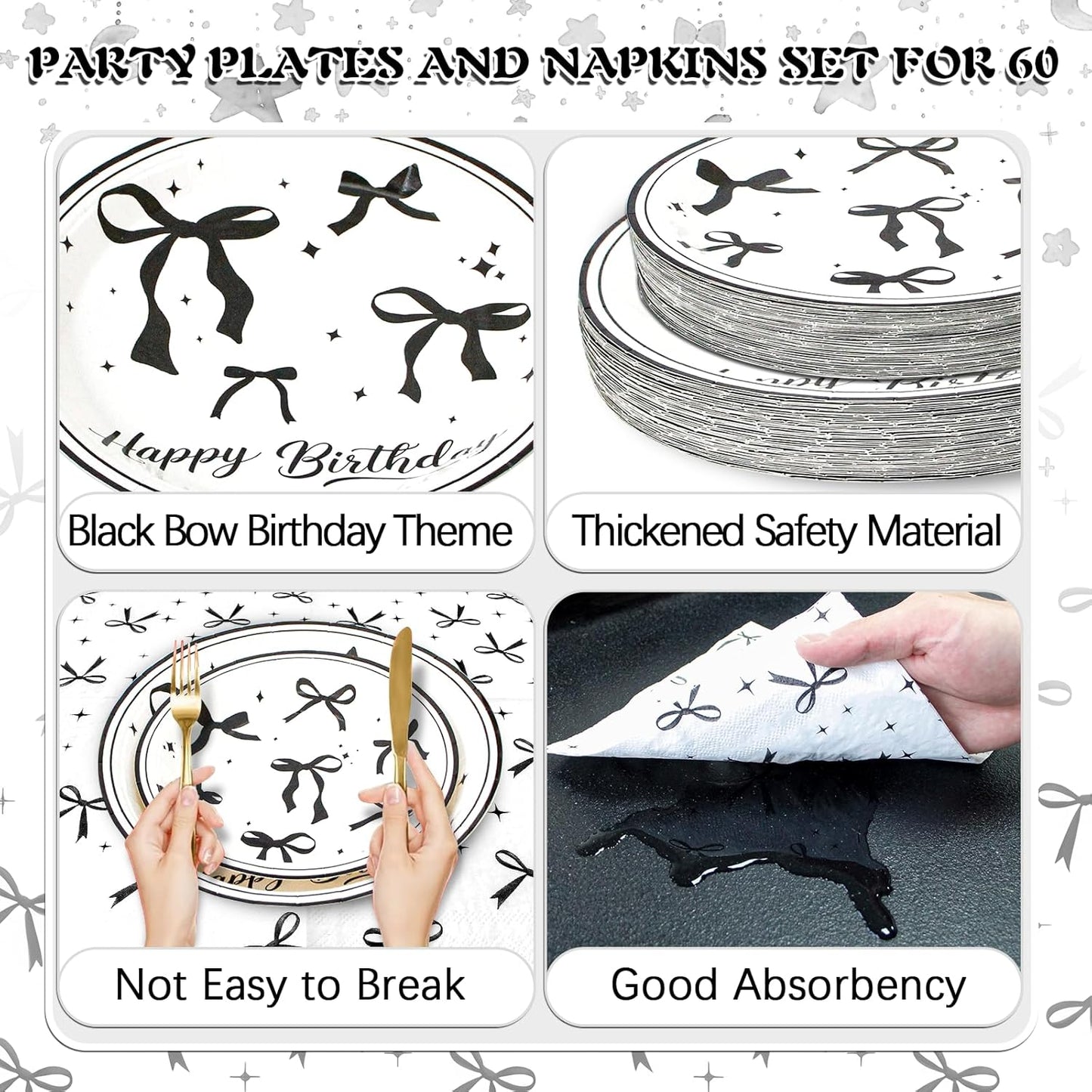 180Pcs Black Bow Birthday Party Supplies Paper Plates and Napkins Serve 60 Disposable Tableware Set for Birthday Party Decorations Game Day Family School Holiday Sports Events