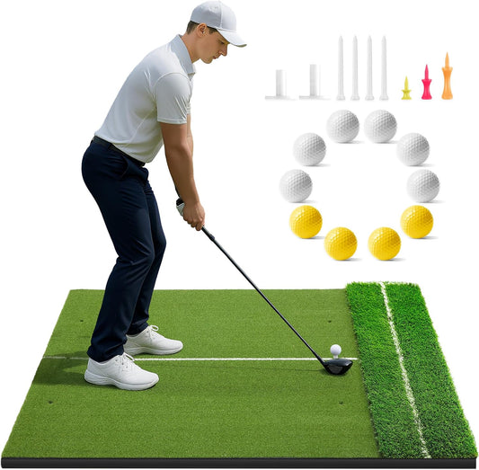 Golfguru Golf Mat 5x4ft-16mm/21mm/26mm Thickened Dual Turf Golf Hitting Mat with Alignment Aid, Dense Elite Mats Practice Outdoor Indoor, Chipping Training Matt for Backyard Garage Driving Simulators