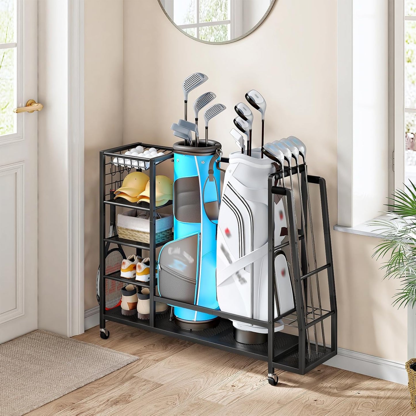 HOOBRO Golf Bag Storage Garage Organizer, Golf Bag Storage Stand Fits 2 Golf Bags and Golf Equipment Rack with Wheels, Extra Storage Rack for Garage, Club, Basement, Black BK49CJ01