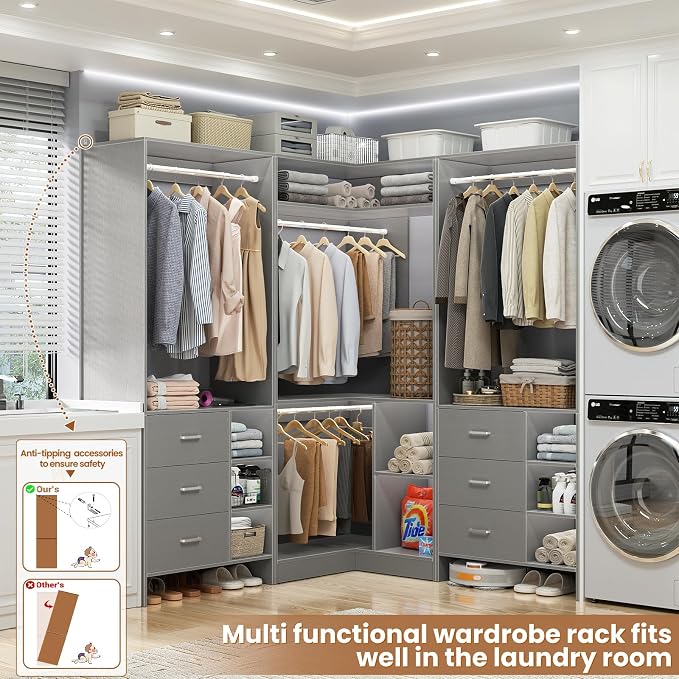 Aheaplus Closet System with 6 Drawers, 4 Hanging Rods & Corner Tower, Corner - Image 4
