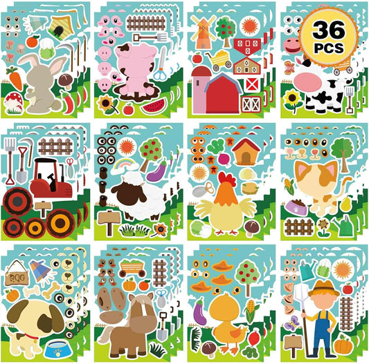 36 PCS Farm Animal Stickers Sheets, Make-a-face Sticker, Make Your Own Stickers for Kids Farm Themed Party Favors Supplies Craft Birthday Gift for Girls Boys