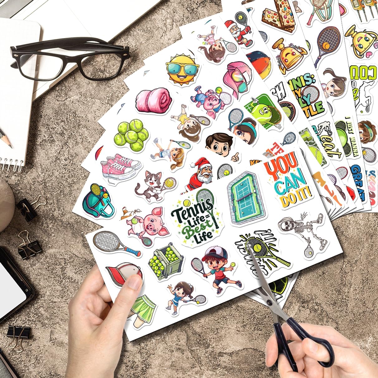 108Pcs Tennis Stickers Pack Cartoon Style Vinyl Decals for Water Bottles Laptop Skateboard Phone Journal Scrapbook Luggage Decoration Fun Quotes and Characters