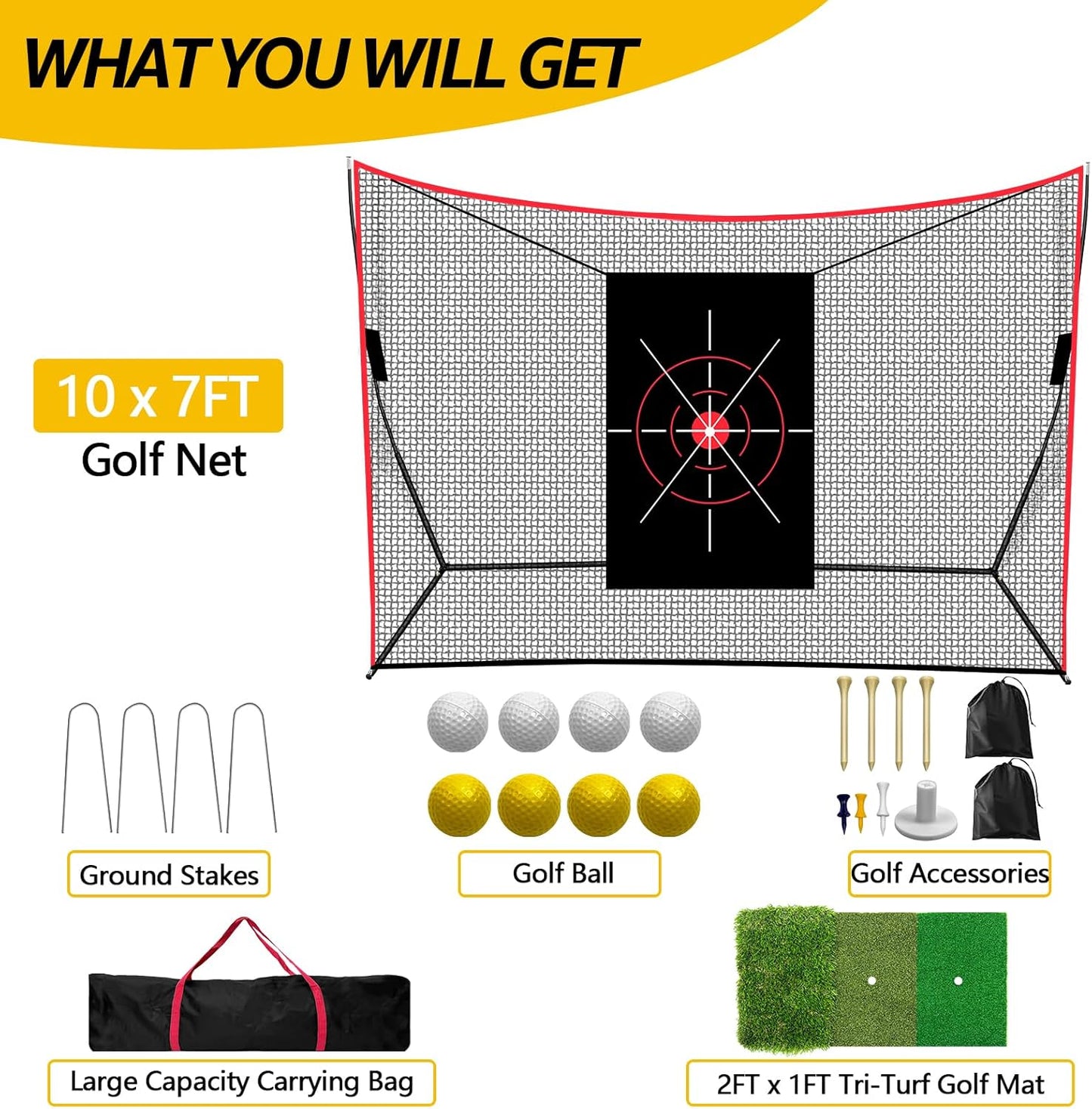 10 ×7 FT Golf Practice Net, Heavy Duty Golf Hitting & Training Net with Target Mat, 8 Balls & Tees, Driving Chipping Net for Backyard, Indoor Outdoor Use, Includes Carry Bag
