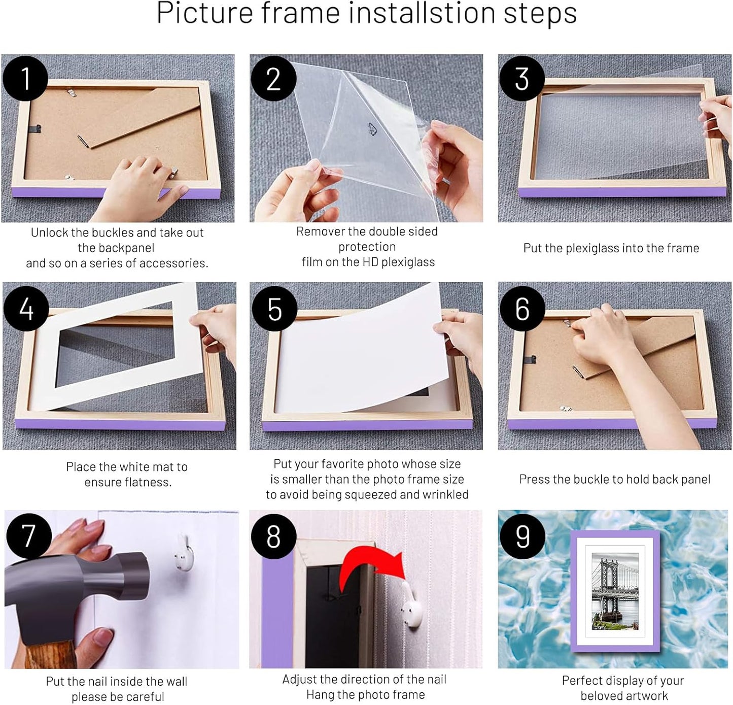11x14 Solid Wood Picture Frames with 2 Mats for Wall Mounting or Table Top (Purple)