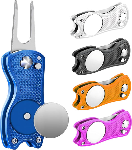 Golf Divot Tool with Magnetic Ball Marker, Multifunctional Divot Tool, Foldable Fork,Fix Divots, Clean Clubs and Cleats, U Shape Bottom can Hold Club