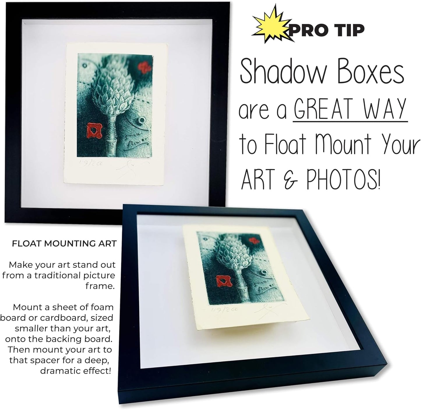 17x17 Shadow Box Black Solid Wood Display Frame with White Acid-Free Backing UV Acrylic & Hanging Hardware - with 3/4" Usable Depth