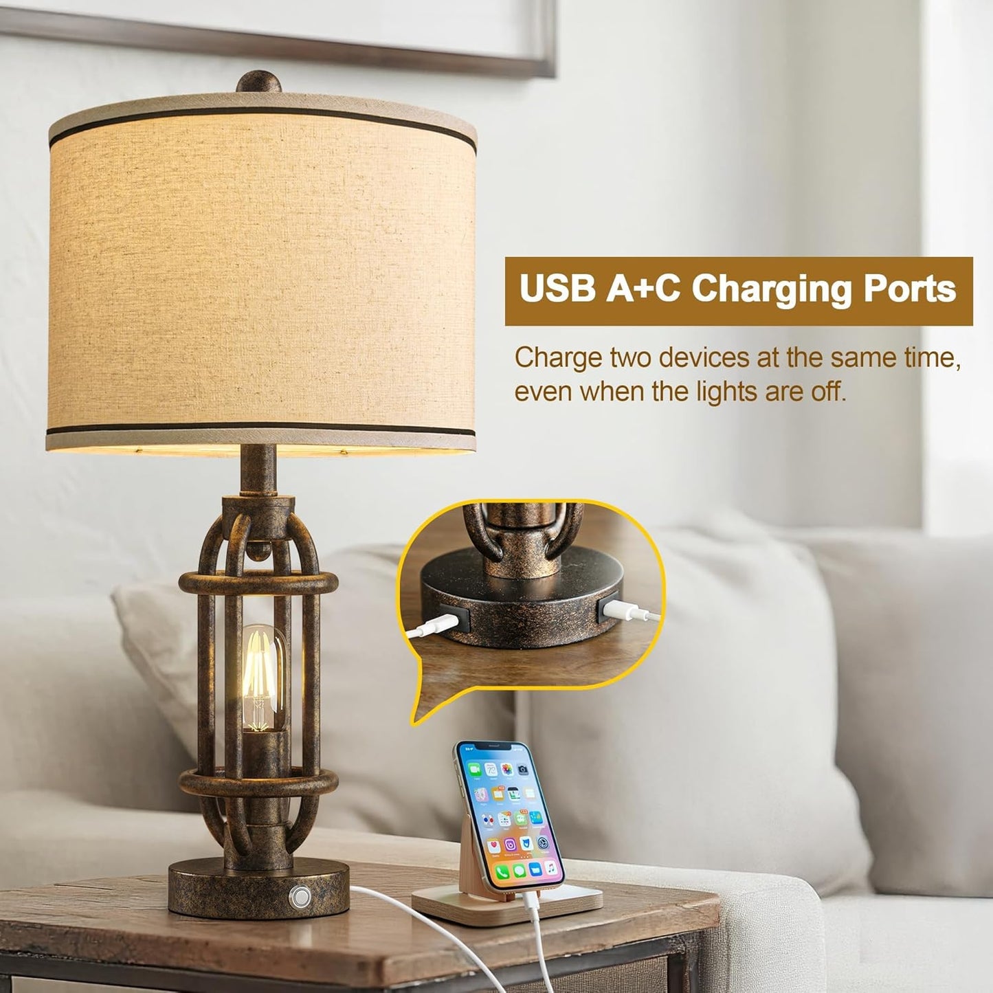 23.75'' Table Lamps Set of 2 for Living Room Bedroom Industrial Farmhouse Metal Touch Lamps with USB A+C Ports, Night Light Vintage Nightstand Bedside Lamp, Bulbs Included, Bronze