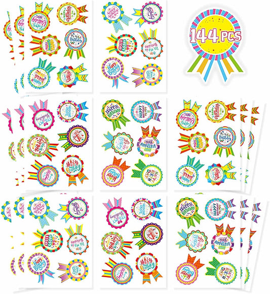 144PCS Happy Birthday Badge Stickers, Birthday Gift Stickers for Kids Adults, Birthday Labels for Home, Classroom Birthday Party Envelope Card Gift Wrapping