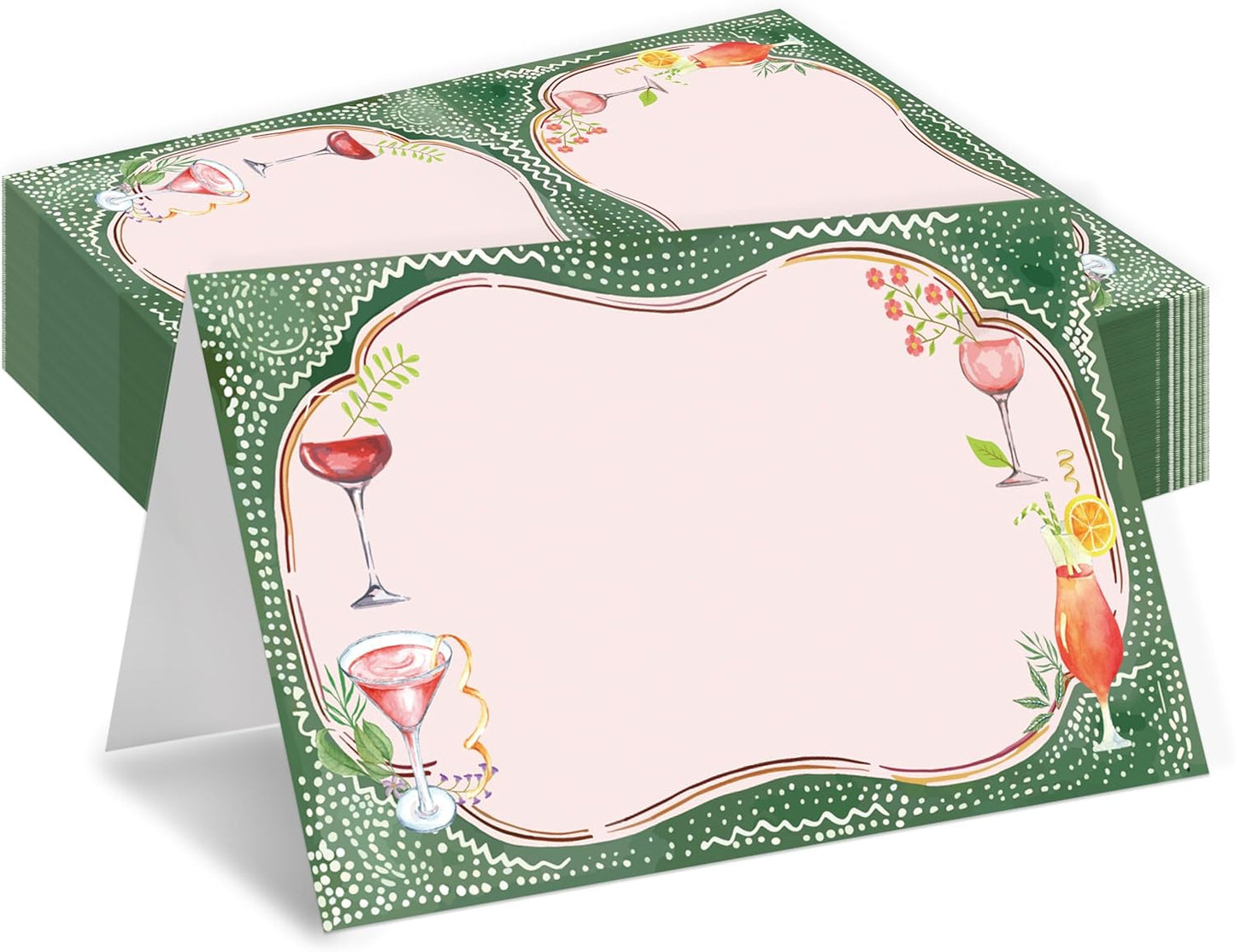 Holiday Cocktail Place Cards, Cocktail Glasses Table Place Cards For Table Setting, Green Name Cards For Birthday Party Baby Shower Girls Party Ladies Event Dinner Wedding, 25 Cards Included -08