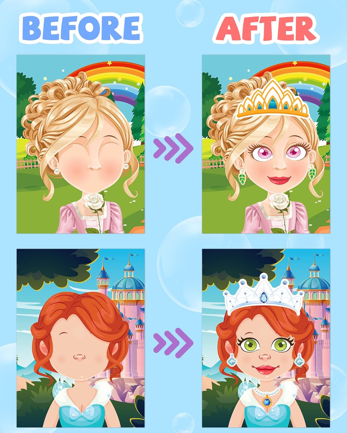 24 Pcs Make Your Own Princess Sticker Sheet, Princess Party Favors Face Stickers for Kids Girls Toddlers Crafts Activities Bags Birthday Party Favors Valentines Day Gifts for Kids Classroom