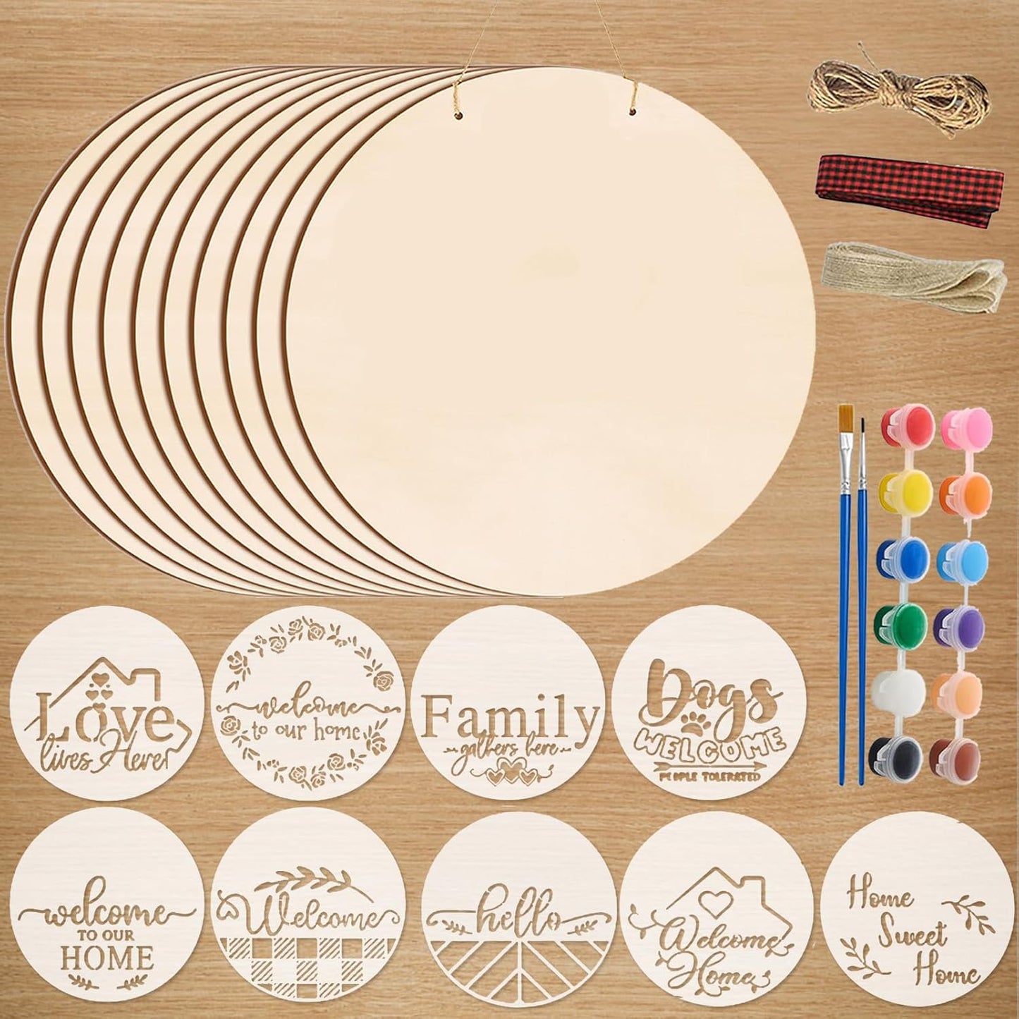 12 Inch Wood Circles for Crafts, 10Pcs Unfinished Wood Rounds with 9Pcs Welcome Stencils & 12Pcs Painting, DIY Wooden Crafts for Door Hanger, Wood Burning, Painting, Thanksgiving Day Christmas Decor