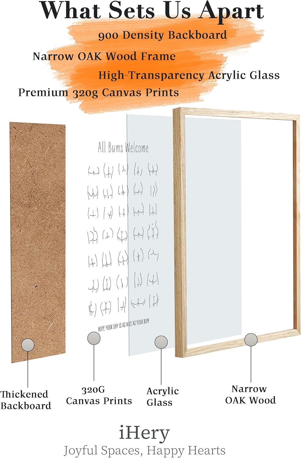 iHery Natural OAK Walnut Color Wood Nice Bum Framed Wall Art, 12x16in All Bums Are Welcome Cute Nice Butt Bathroom Wall Art, Canvas Funny Line Bathroom Sign Wall Decor For Toilet Set of 1 Gift