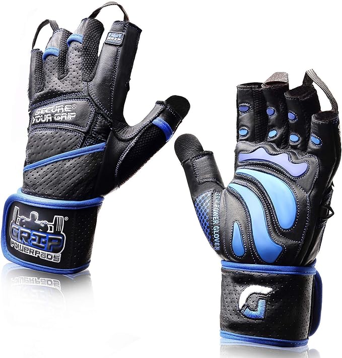Elite Leather Gym Gloves with Built in 2" Wide Wrist Wraps Grip & Design by Grip+Power+Pads
