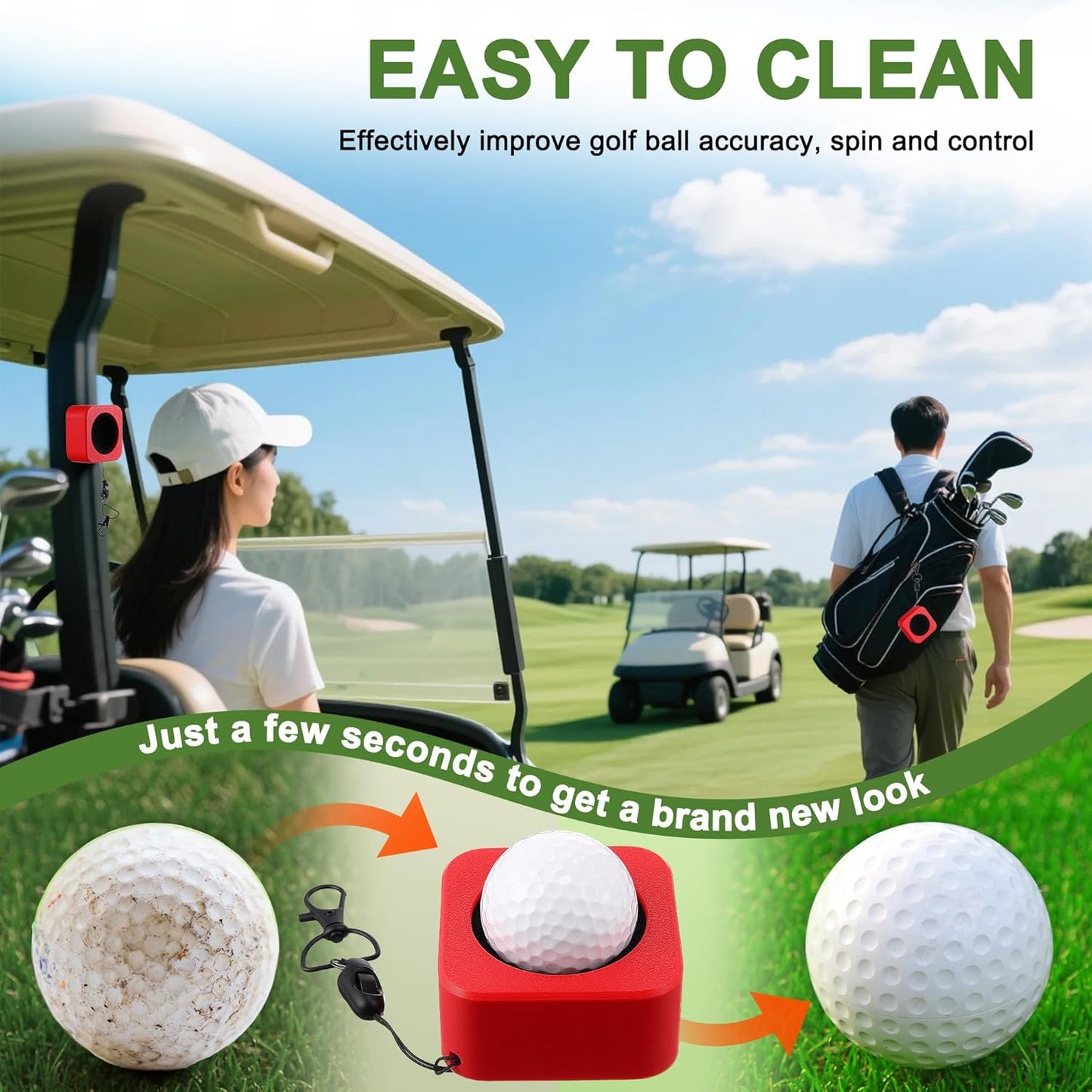 2 Pack Portable Golf Ball Cleaner, 3D Printed Magnetic Golf Ball Washer Tool, Clip on Accessories for Bag or Cart, 4 Pcs Removable and Replaceable Soft Microfiber Cloth, for Gift Giving
