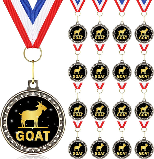 16 Pcs Goat Medal 2'' Greatest of All Time Champ Goat Trophy with Neck Ribbon Award Medals Pendant Funny Recognition Football MVP Necklace Fantasy Sports Award for Tournament League Champion