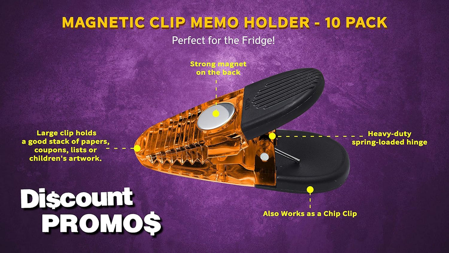 10 Magnetic Memo Holders Set - Customizable Text, Logo - Large Clip, Plastic - Orange