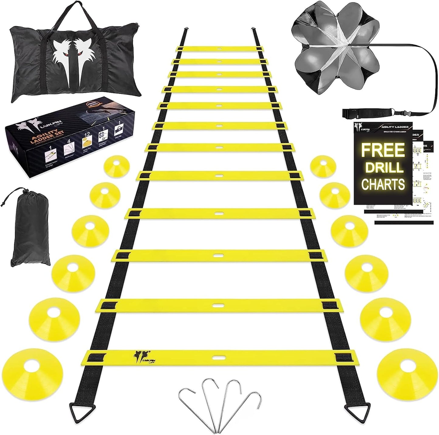 20ft Sports Agility Ladder for Men Women and Kids, Speed Youth Soccer Agility Training Equipment for Football, Exercise, Tennis, Legs Workout with Speed Parachute and Carry Bag