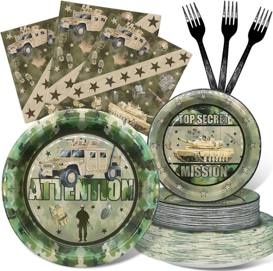 Army Party Decorations Set - Fun Army Party Plates, Napkins, and Forks for an Exciting Celebration - Disposable Military-Themed Party Supplies for Birthdays and Events