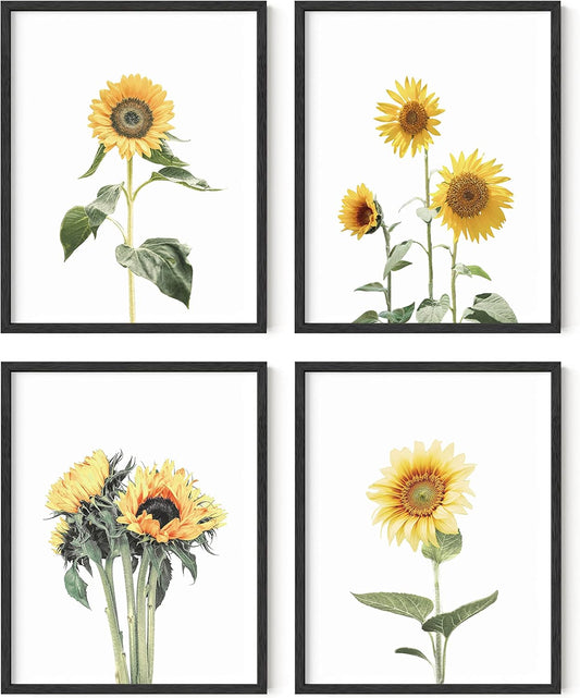 HAUS AND HUES Sunflower Posters - Set of 4, Floral Bedroom Decor, Sunflower Paintings for Wall, Yellow Kitchen Art (11x14, Black Frame)