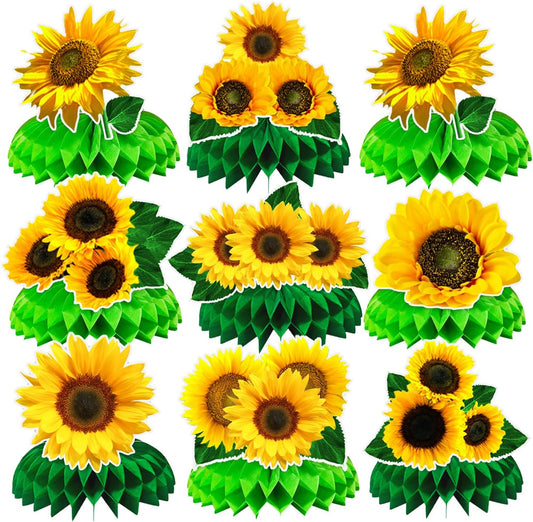 9Pcs Sunflower Birthday Honeycomb Centerpieces Decorations Fall Flower Birthday Party Supplies Sunflower Decor for Baby Shower Gender Reveal Centerpieces Table Decorations