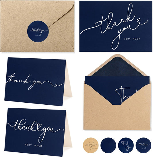 100 Bulk Navy Thank You Cards with Kraft Envelopes and stickers - 4 Minimalistic Designs Blank Thank You Notes with Envelopes Matt for business Wedding Bridal Gift Baby Shower Business Graduation
