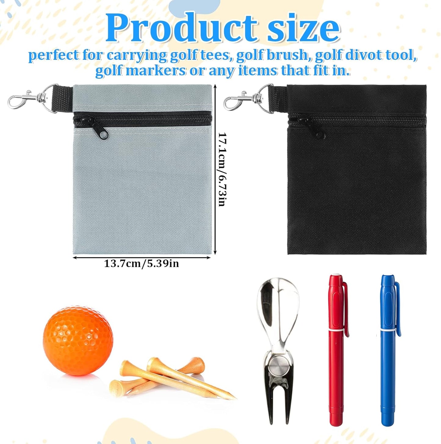 2 Pack Golf Ball Bag, Golf Tee Bag Pouch 6.7" x 5.5" Zippered Pouch with Metal Lobster Clip, Waterproof Golfs Accessories Organizer for Tees Balls, Valuables Holder, Men Women (Black, Gray)