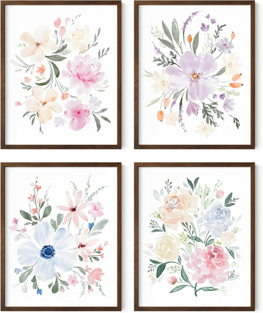 HAUS AND HUES Flower Wall Art - Set of 4 Framed Floral Paintings (8x10, Walnut Frame)