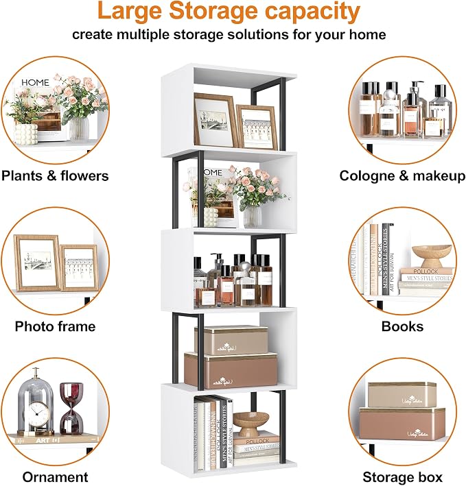 Yusong Bookshelf 5-Tier, Geometric Bookcase S Shaped Book Shelves - Image 6