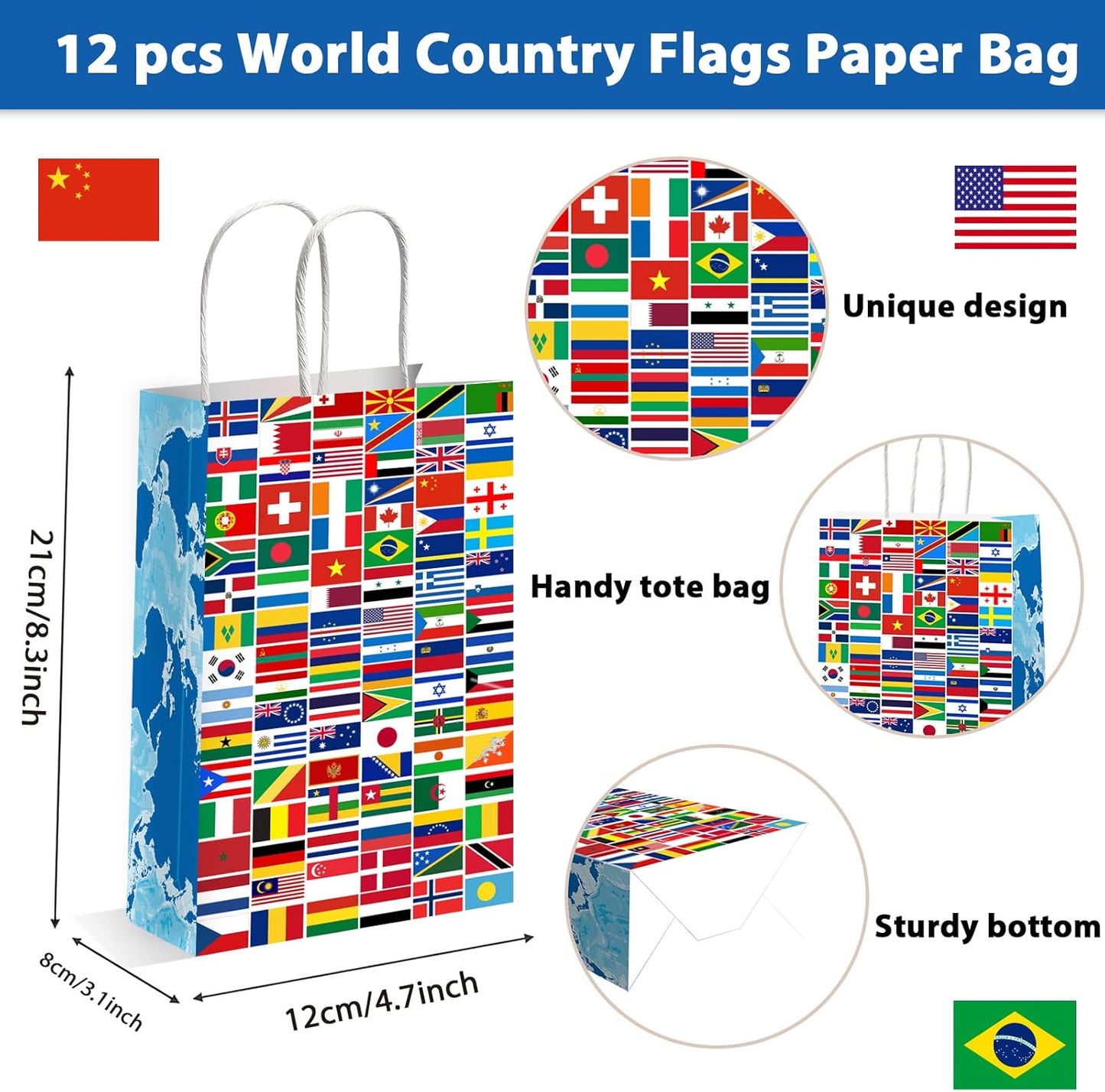 12 Pcs World Country Flags Party Supplies Bags International World Birthday Party Goody Bags Travel Trip Around the Globe Birthday Retirement Paper Bags Party Decorations Party Gifts