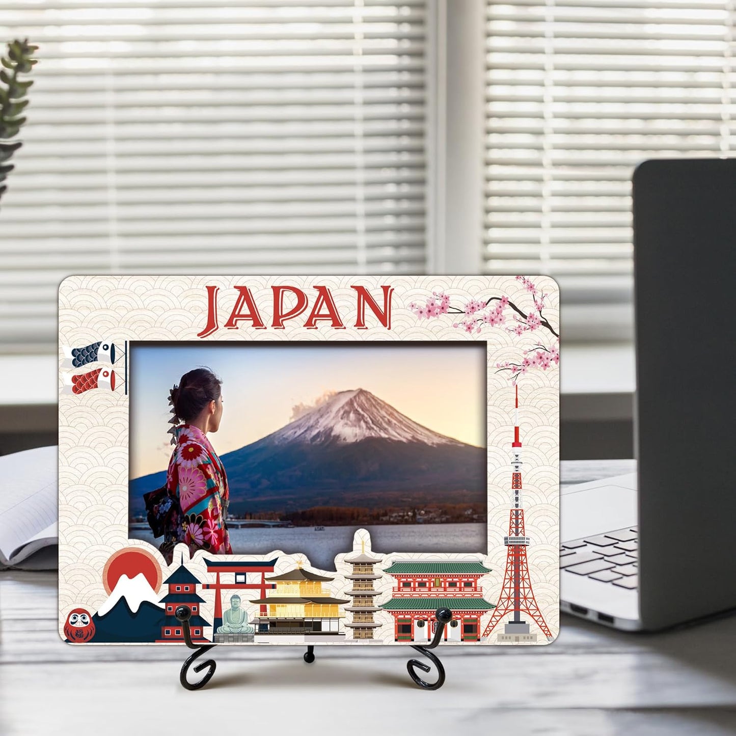 Japan Travel Picture Frame, 5 x 8 Japan Themed Wooden Photo Frame with Stand, Vacation Anniversary Honeymoon Gifts For Friend Family Couples, Home Office Desk Decorations-A06