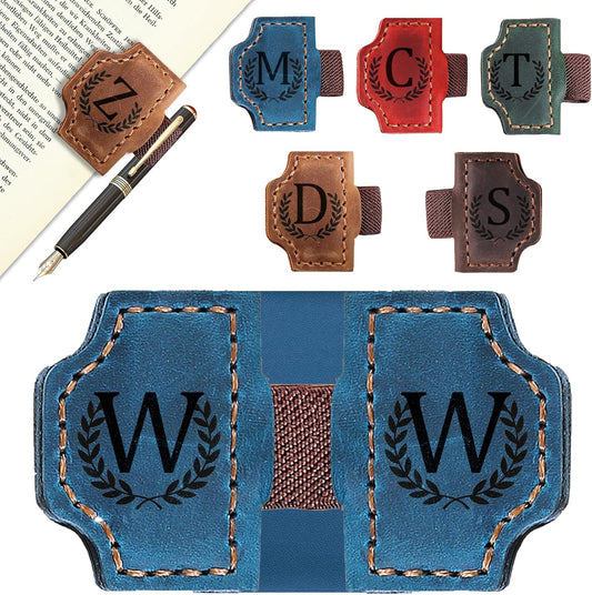 Bygone Mark Bookmark with Pen Holder, 26 Letters Name Initial Personalized Magnetic Bookmarks, Leather Book Mark for Men Women, Travelers Accessories, Teachers Readers Book Lovers Gifts (Blue, W)