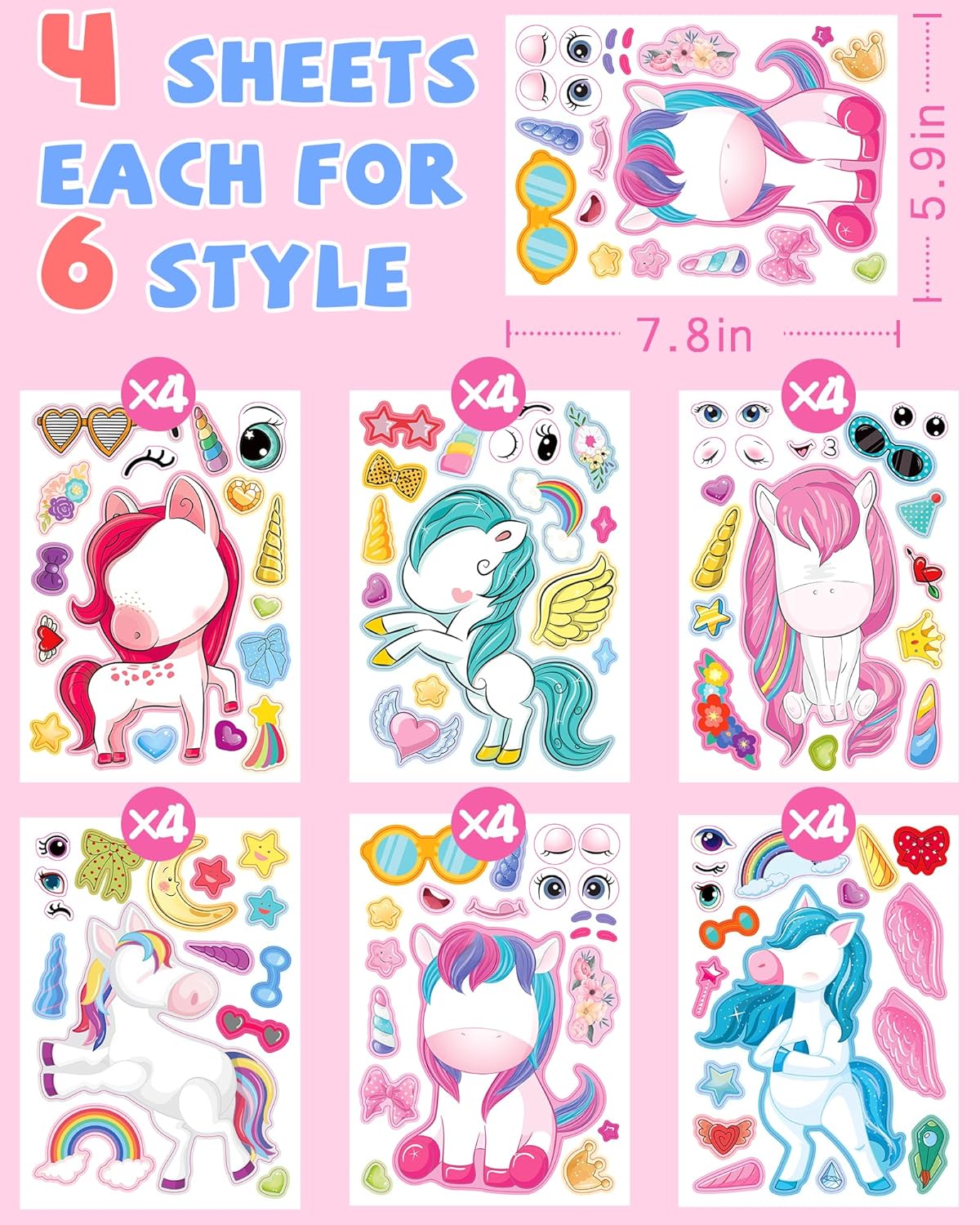 24 Pcs Make Your Own Unicorn Sticker Sheet, Unicorn Party Favors Face Stickers for Kids Girls Toddlers Crafts Activities Bags Birthday Party Favors Valentines Day Gifts for Kids Classroom