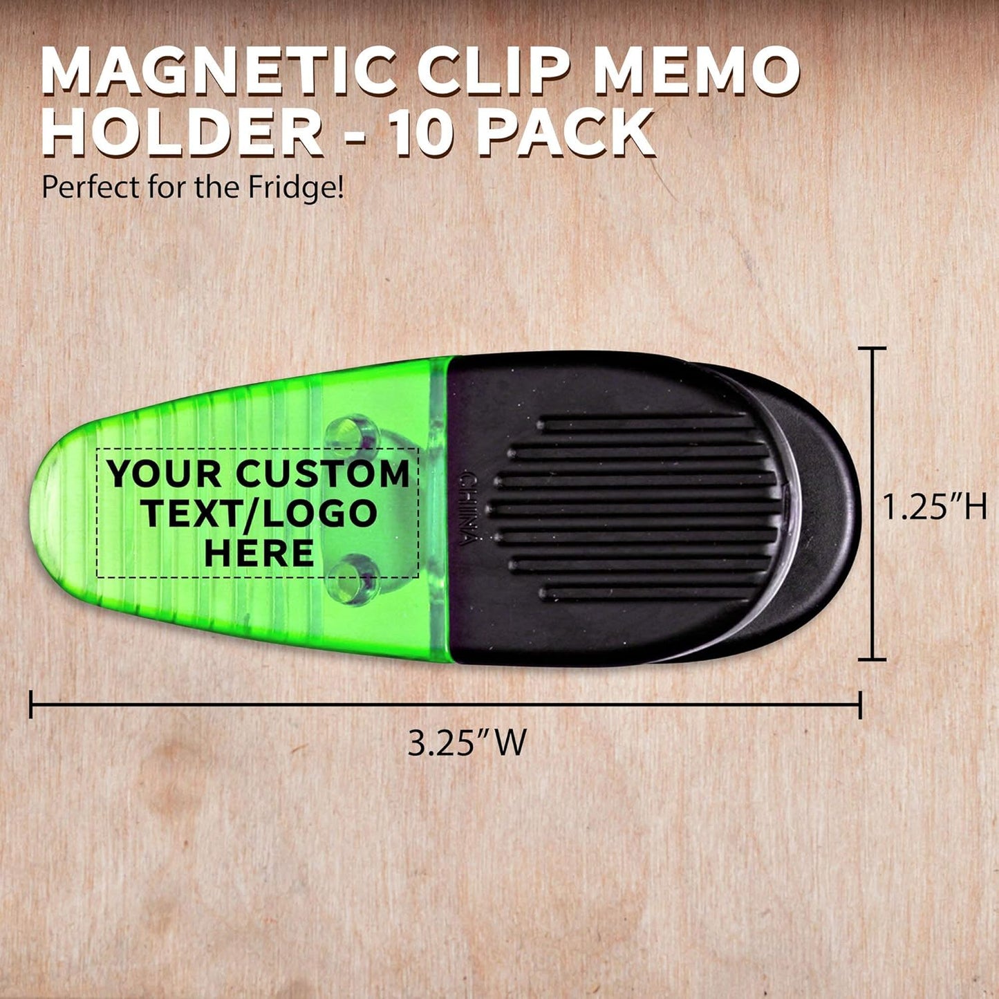 10 Magnetic Memo Holders Set - Customizable Text, Logo - Large Clip, Plastic - TGreen