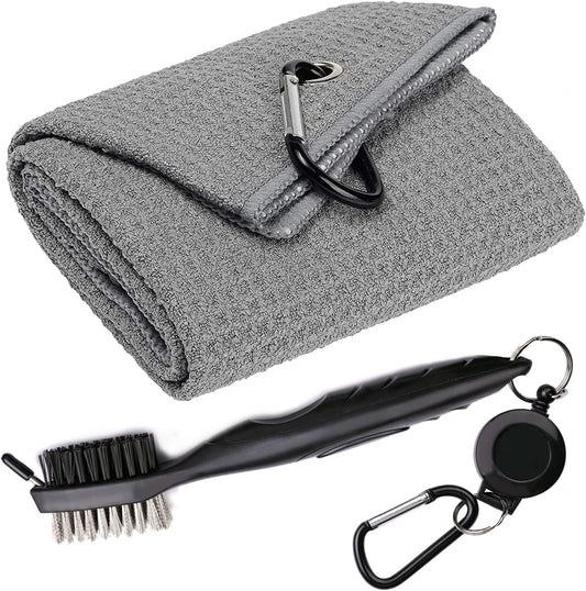 Golf Towels, Microfiber Waffle Pattern Tri-fold Golf Towel - Brush Tool Kit with Club Groove Cleaner, with Clip Men Women Golf Gifts (Gray)