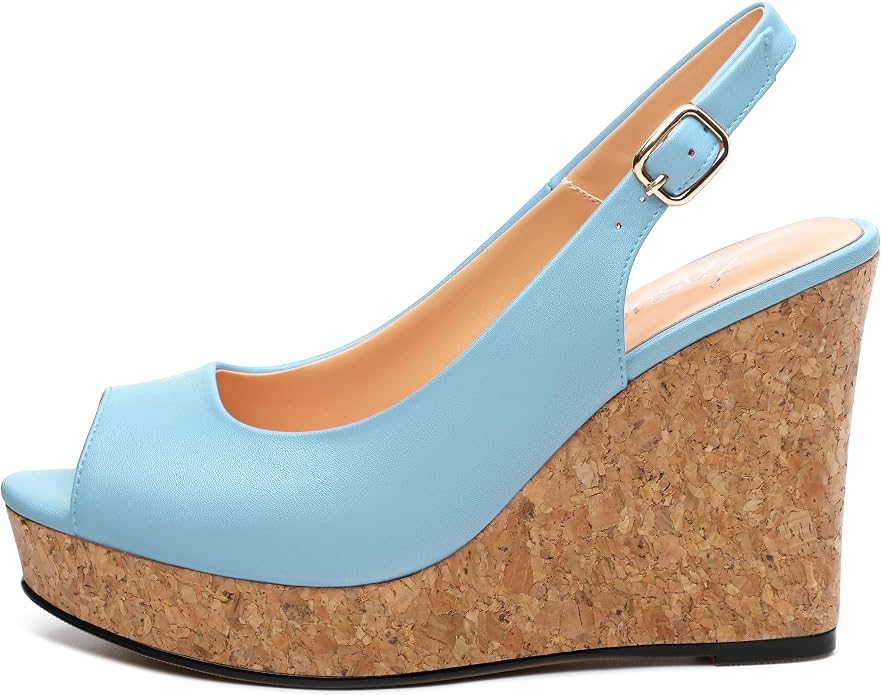 Womens Peep Toe Wedge Heels Matte Fashion Cork Slingback Pumps Platform Wedge - Image 2