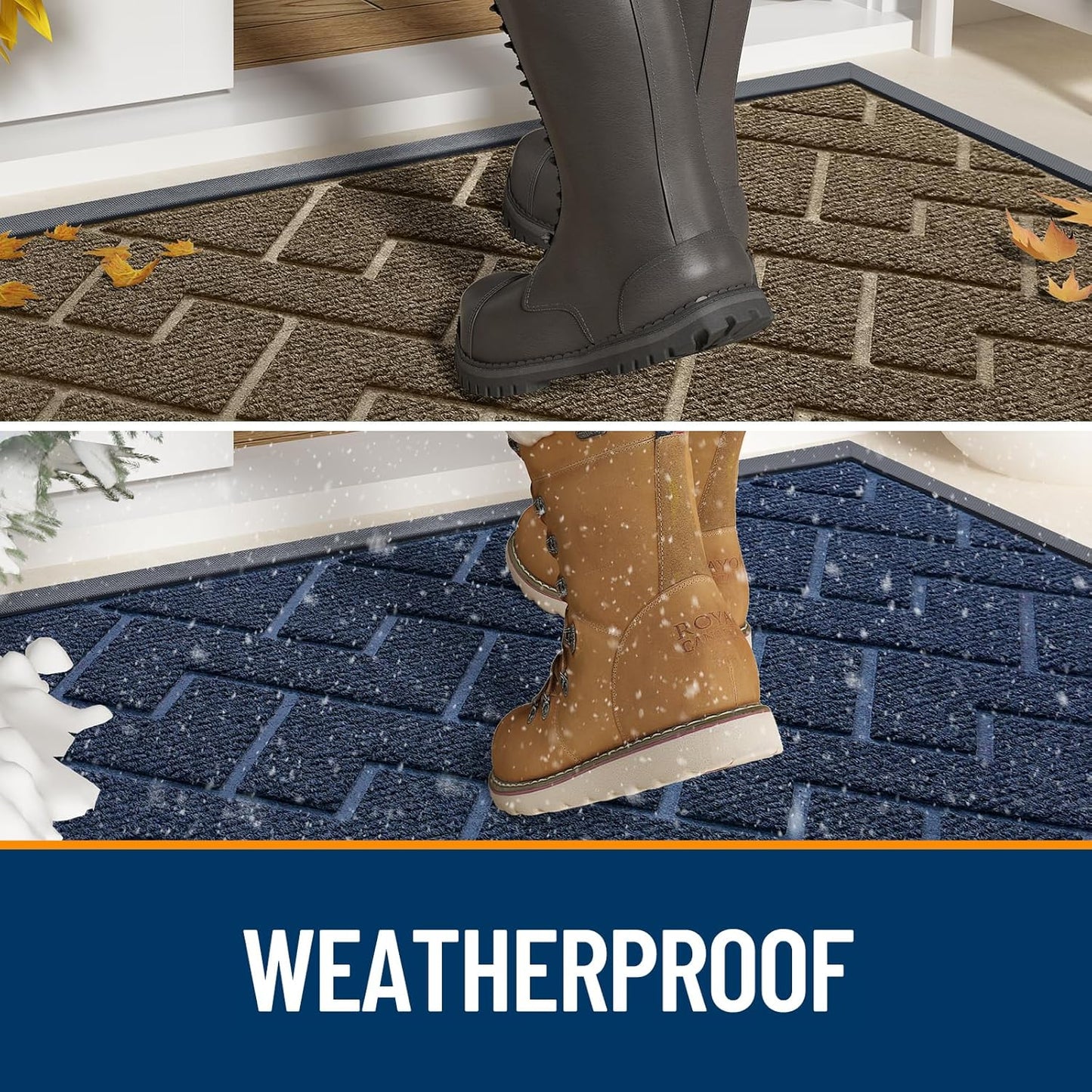 OLANLY Front Door Mat Indoor Outdoor Entrance, Waterproof All-Season, All-Weather Doormat, Sturdy Natural Rubber, Low Profile, Easy Clean Patio Porch Entryway Mat, Herringbone Brick (Blue, 47x32)