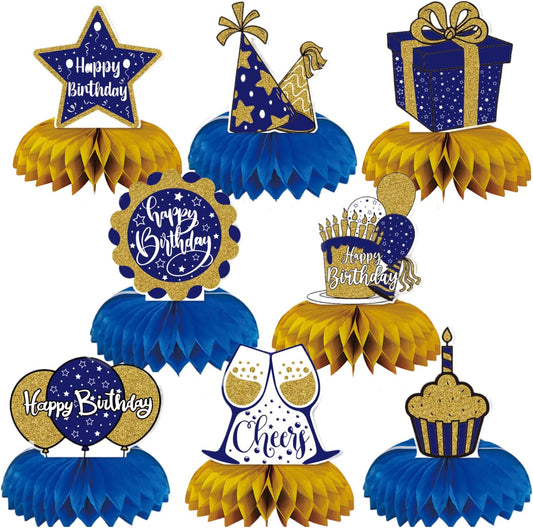 8Pcs Happy Birthday Decorations for Men Blue and Gold Honeycomb Centerpiece Baby Shower Supplies Blue Birthday Decorations