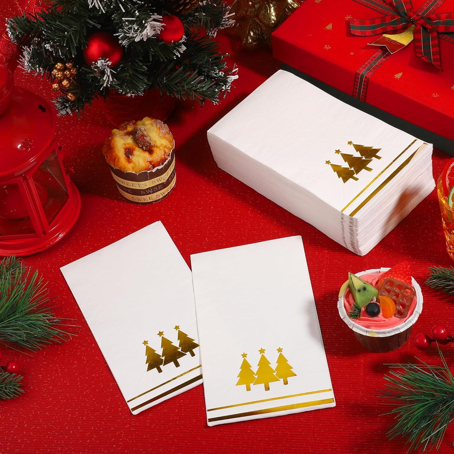 100 Pieces Christmas Napkins Disposable Christmas Gold Paper Napkins 7.8 x 4.3 Inch Decorative Guest Party Napkin White Gold Foil Xmas Tree Hand Towels for Winter Party Wedding Birthday