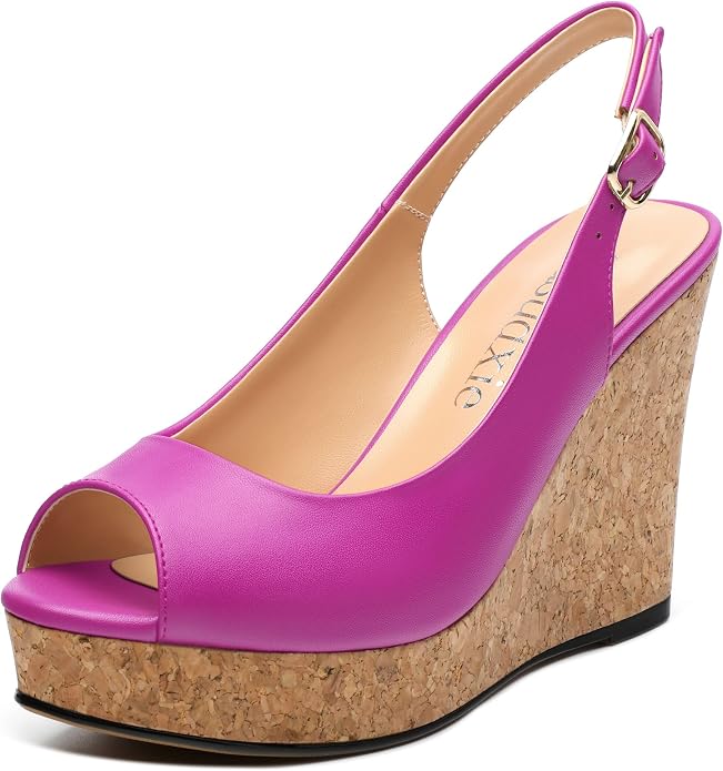 Womens Peep Toe Wedge Heels Matte Fashion Cork Slingback Pumps Platform Wedge by zasudxie