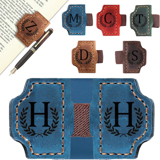 Bygone Mark Bookmark with Pen Holder, 26 Letters Name Initial Personalized Magnetic Bookmarks, Leather Book Mark for Men Women, Travelers Accessories, Teachers Readers Book Lovers Gifts (Blue, H)