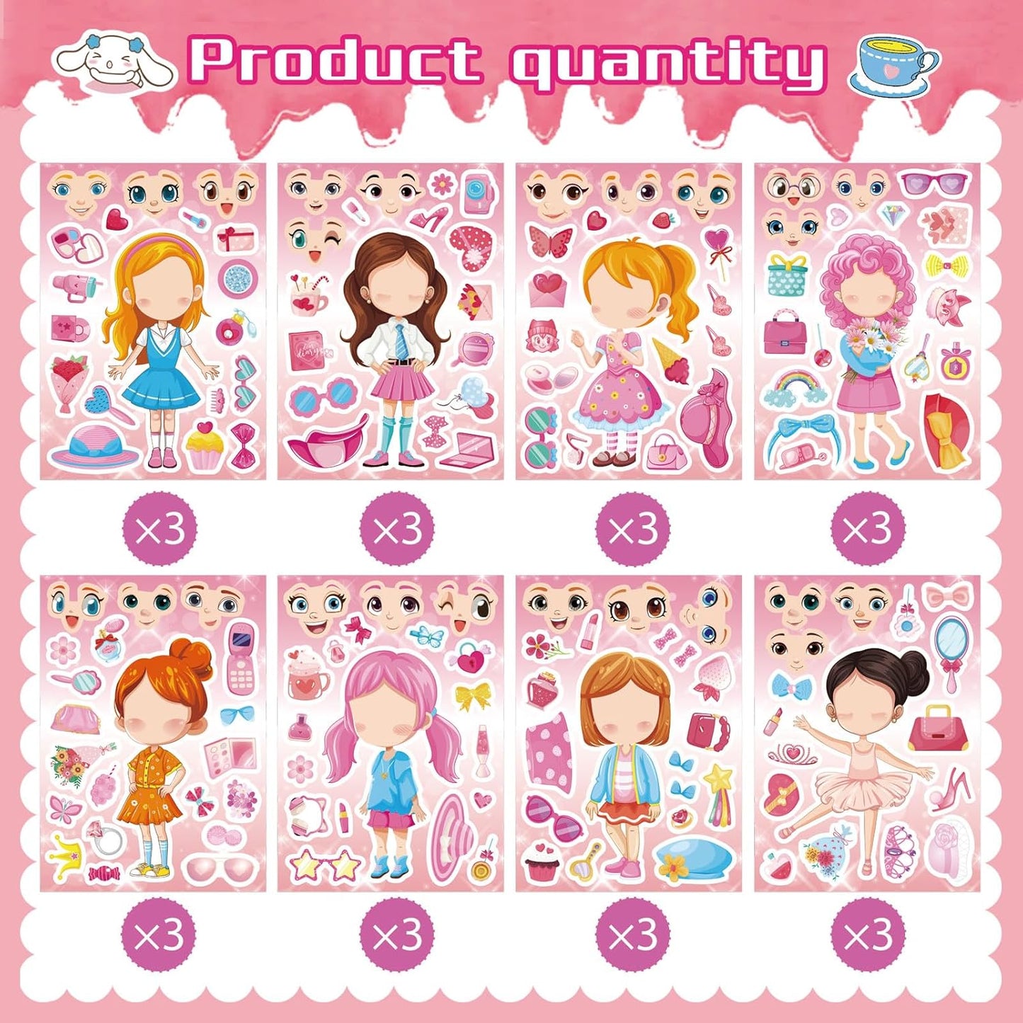 24 Sheets Make a face and Dress Up Stickers for Girls, Make Your Own Beautiful Girl Stickers, Classroom Rewards Age 3+ Birthday Gift, Art Craft, Party Favor Supplies